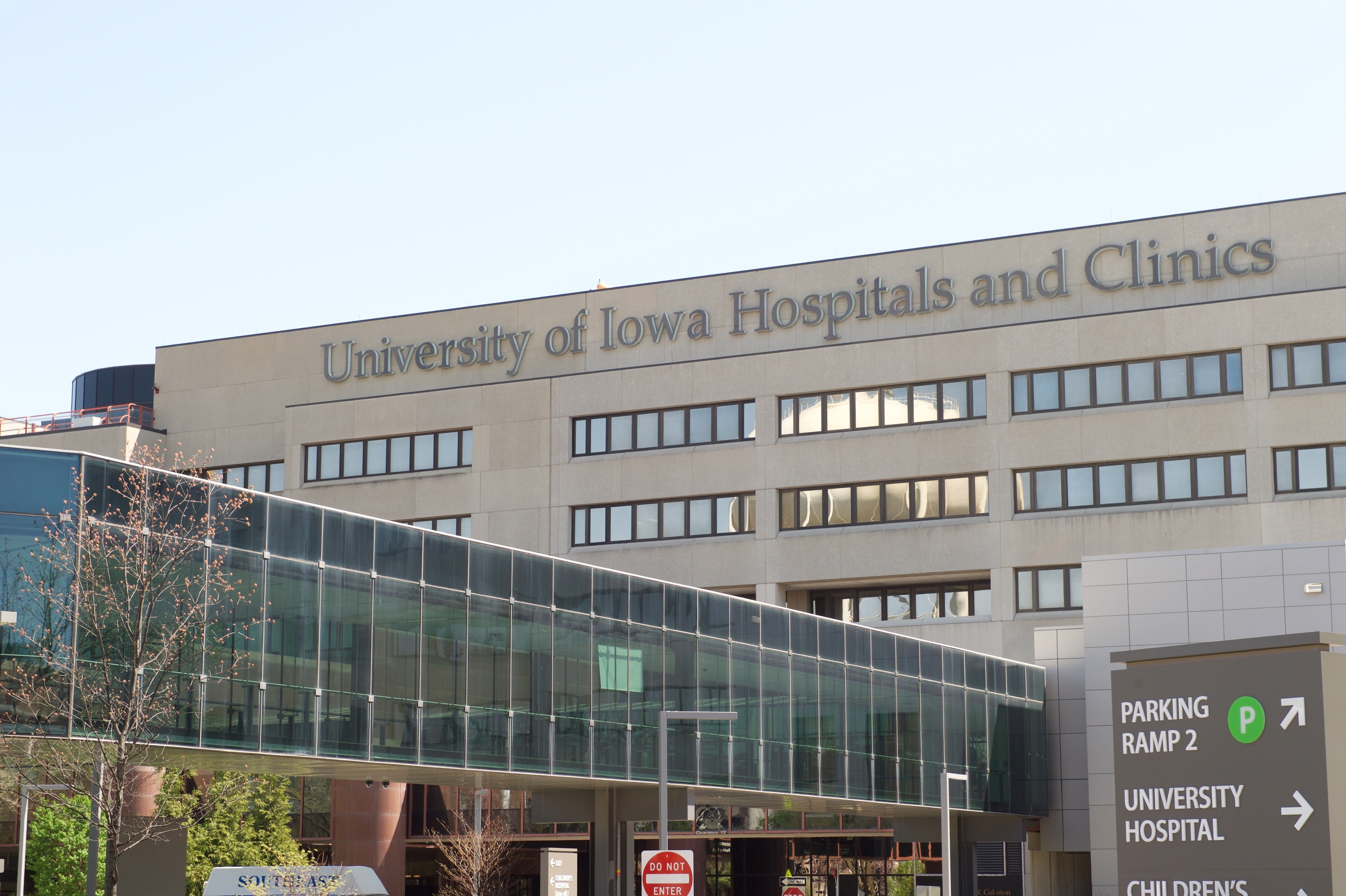 a photo of the main entrance of the University of Iowa Hospitals and Clinics